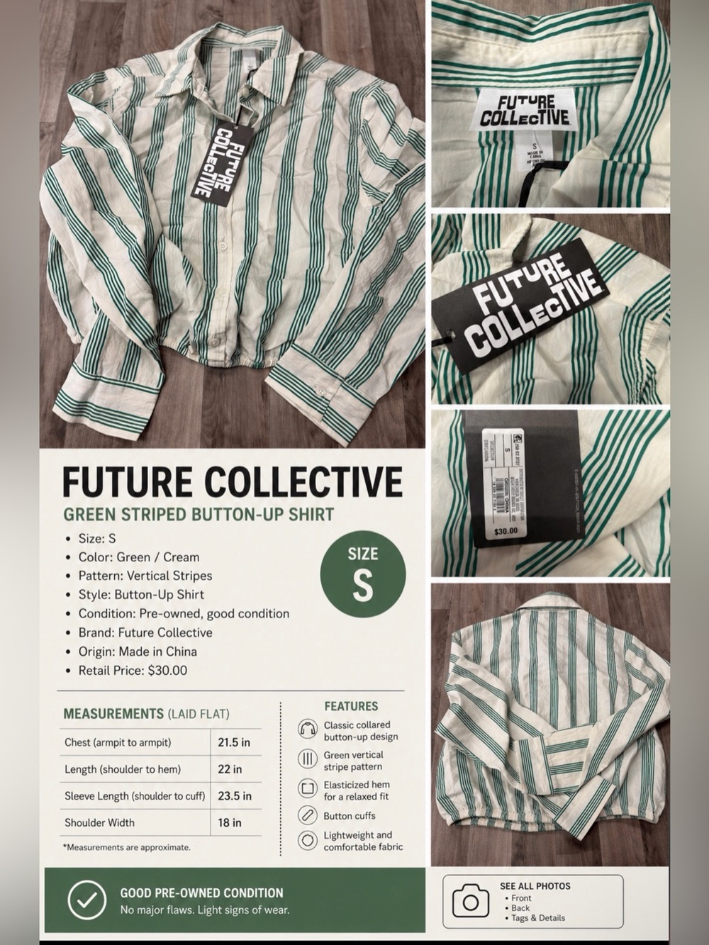 Future Collective Green & Cream Striped Cropped Blouse – Size Small – NWT